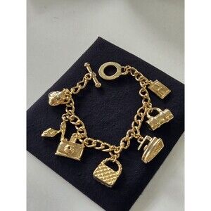 Chunky Gold-Tone Charm Bracelet Toggle Clasp Camera Purse Heel Charms 7.25" EUC